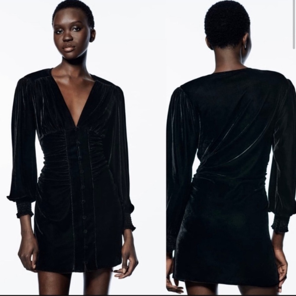 Zara long sleeve, ruched sleeve & waist velvet mini dress